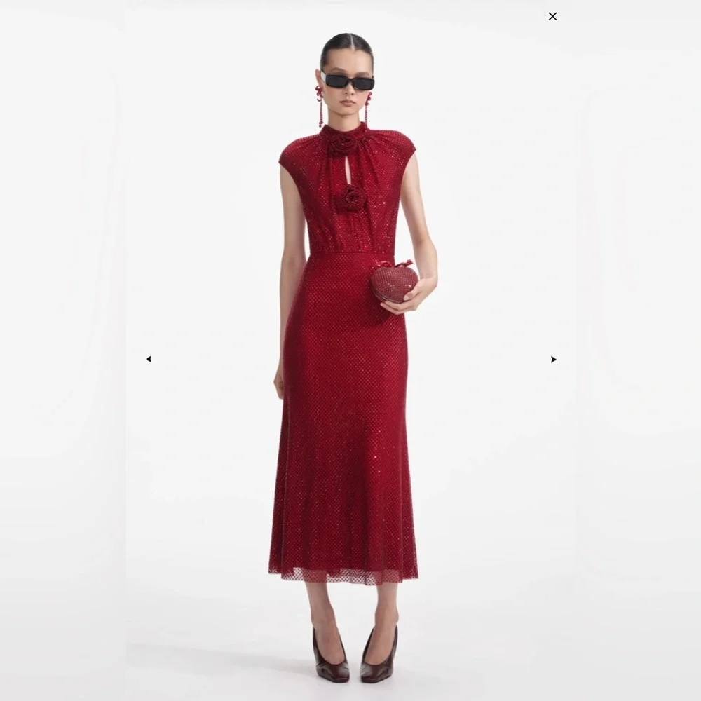 Self-Portrait Red Rhinestone Fishnet Midi Dress - Picture 1 of 10